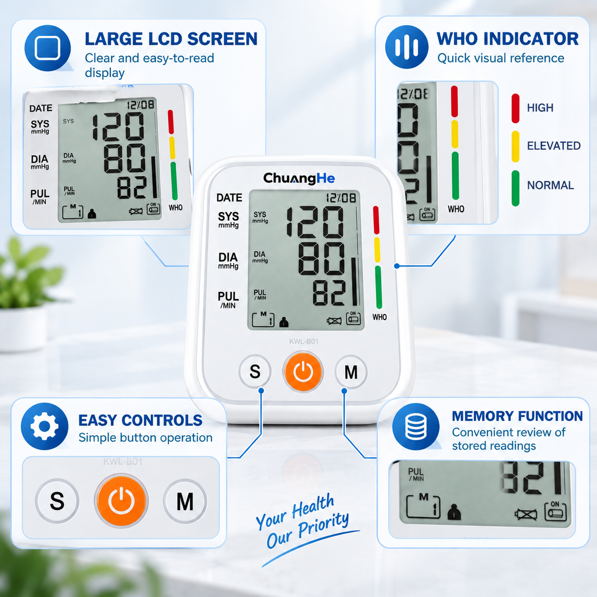 ChuangHe Arm Type Electronic Blood Pressure Monitor Irregular Heartbeat Detection